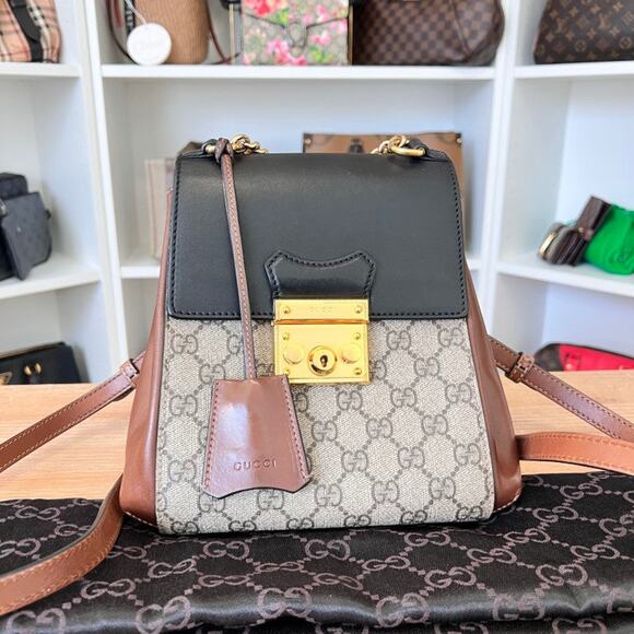 GG Supreme Monogram Calfskin Padlock Backpack Beige Cuir Black - Picture 1 of 15